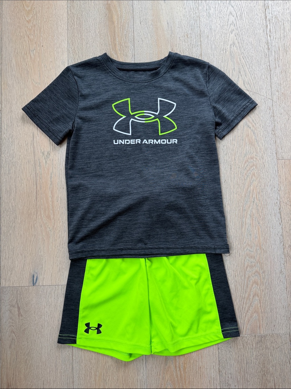Under Armour Black Heather Tee with Neon Green Shorts
